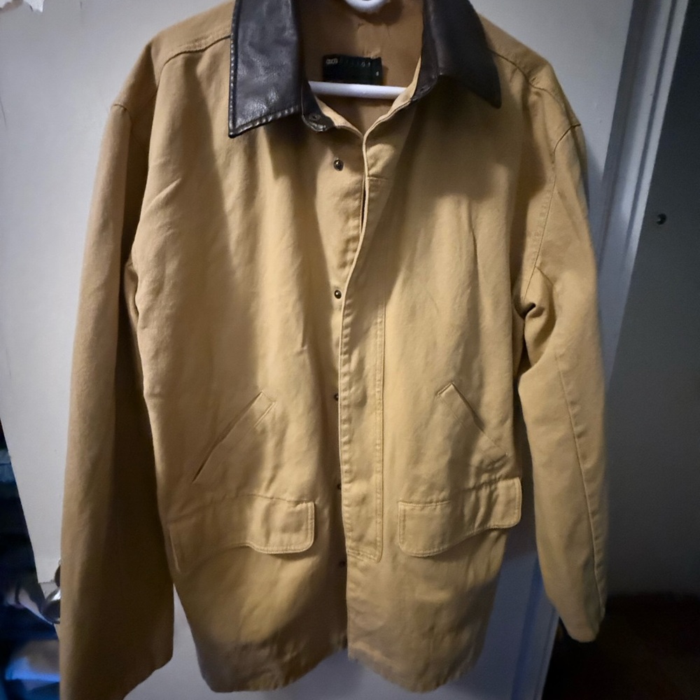 Tan Midlength Field Jacket with Dark Brown Contrast Collar